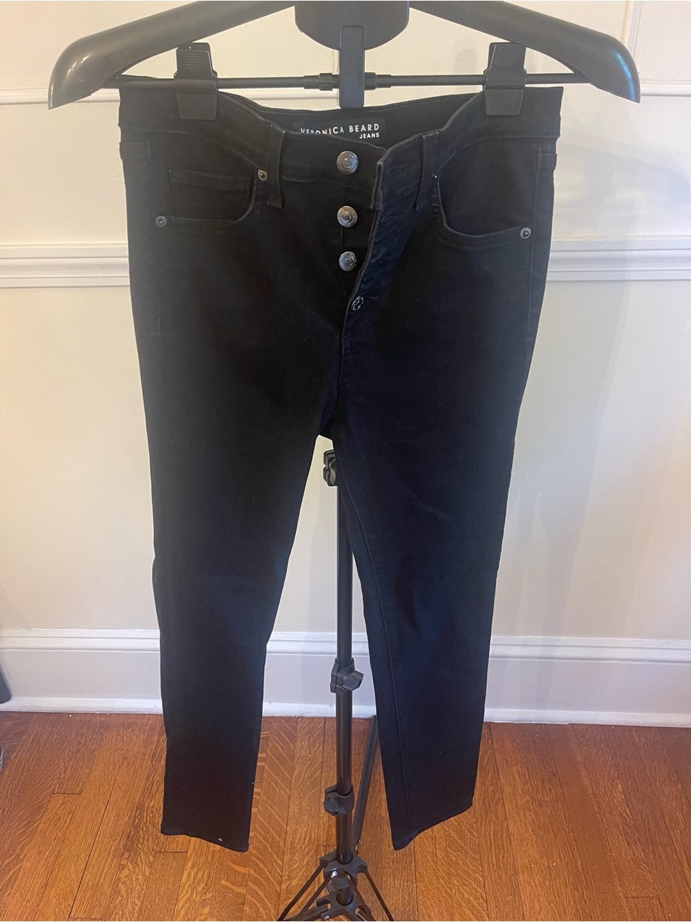 Veronica Beard Debbie Black Raven Skinny Jeans — High-Rise Button-Fly